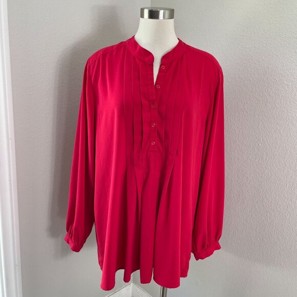 Susan Graver Womens XL Red Long Sleeve Pleated Blouse Button Front Shirt Top - Picture 1 of 9